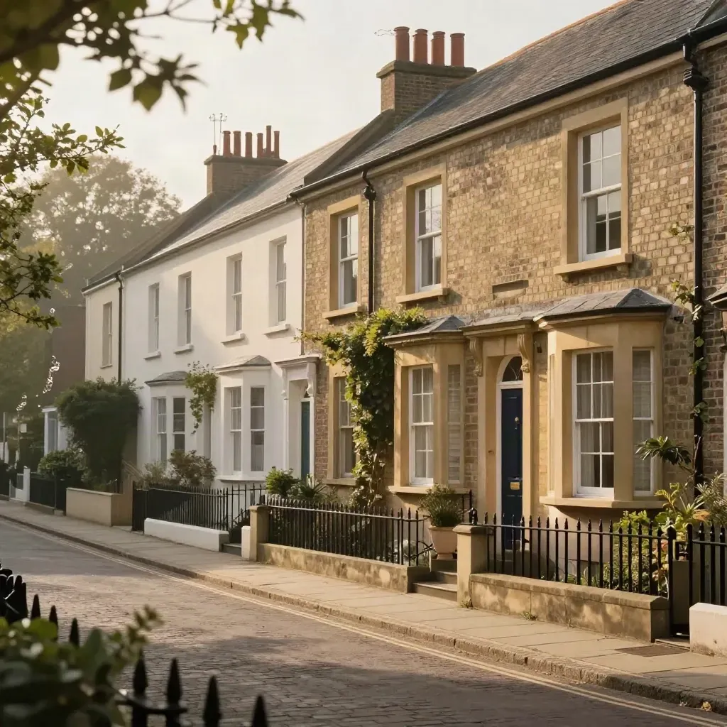 UK street of terrace, flat conversion and mews house in warm sunlit haze