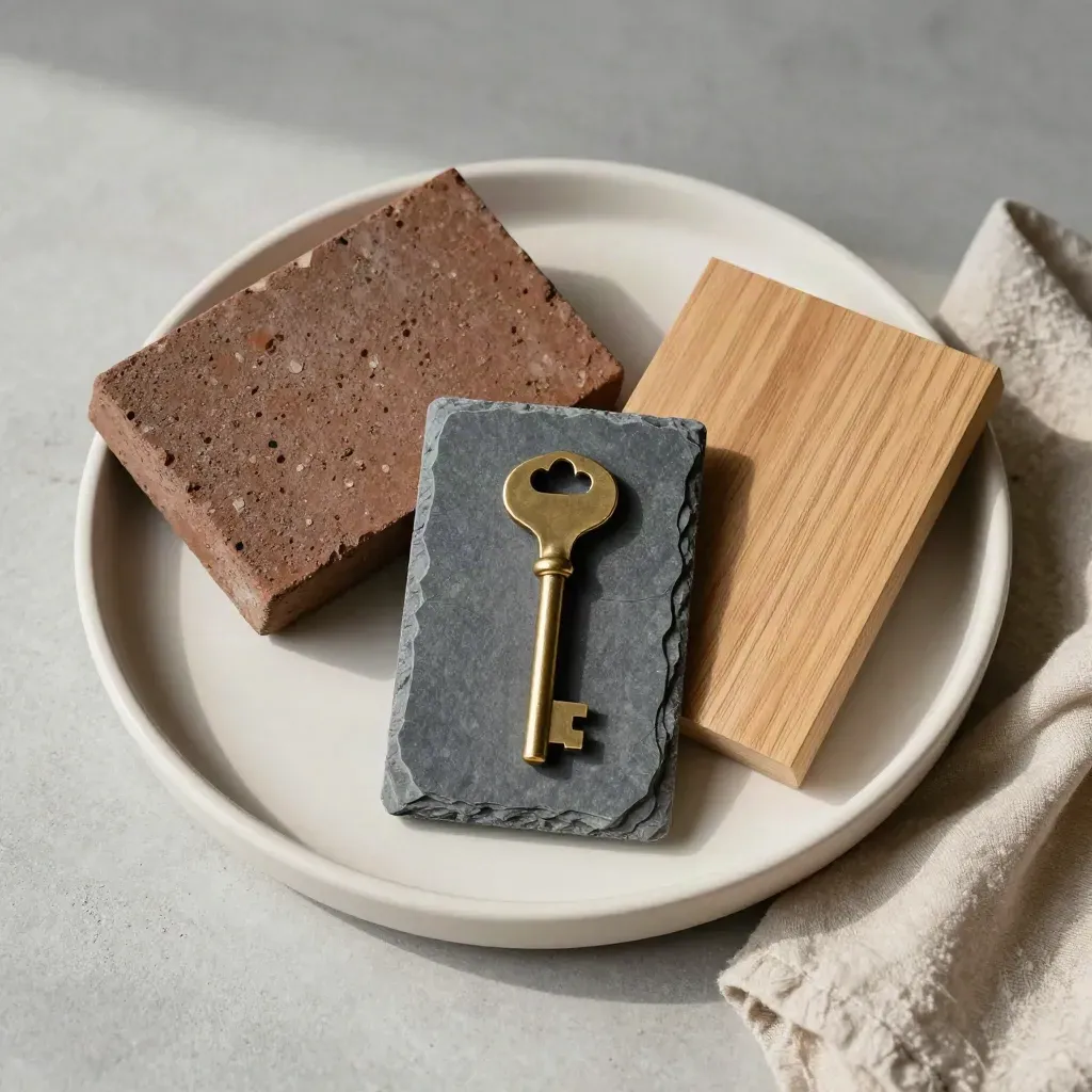 Overhead still life of brick, oak and slate swatches with a brass key on a ceramic tray.