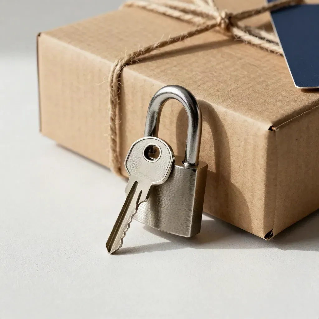 Key in brushed lock beside twine-tied moving box on pale plaster, soft navy accent